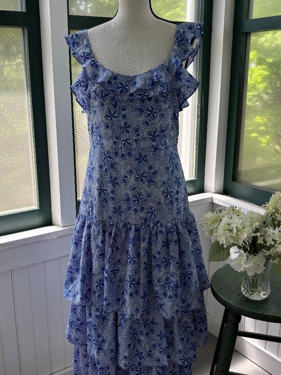 Likely Dresses & Skirts - Likely Blue Floral Ruffle Midi Dress | Blue White Botanical Print | Size 6 | NWT